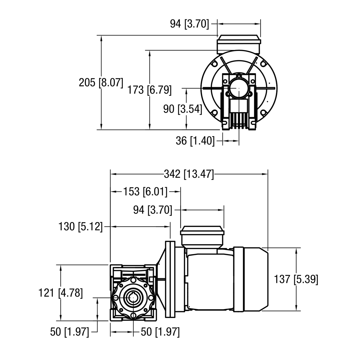 Dorner 90° VFD Rated gearmotor dimensional drawing