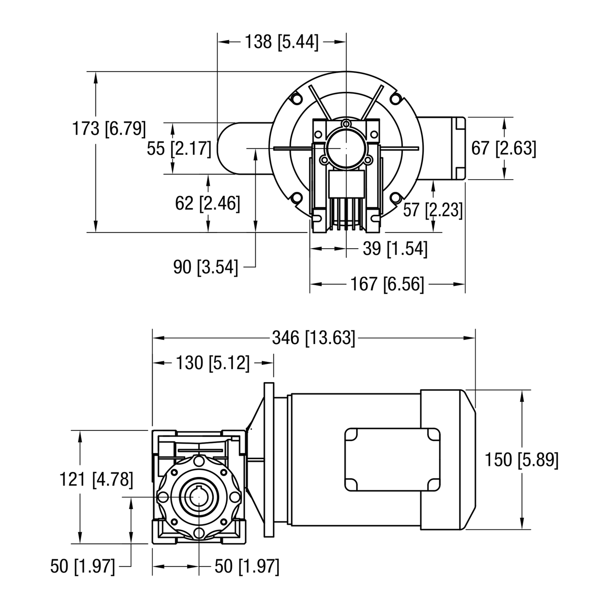 Dorner 90° gearmotor dimensional drawing