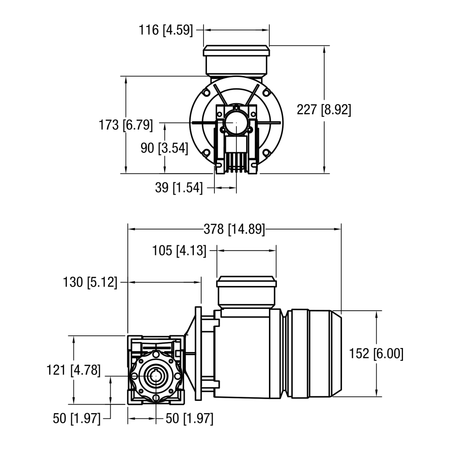 Dorner 90° VFD Rated gearmotor dimensional drawing