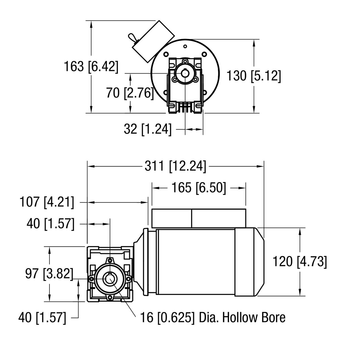 Dorner 90° eDrive NEMA C-Face gearmotor dimensional drawing