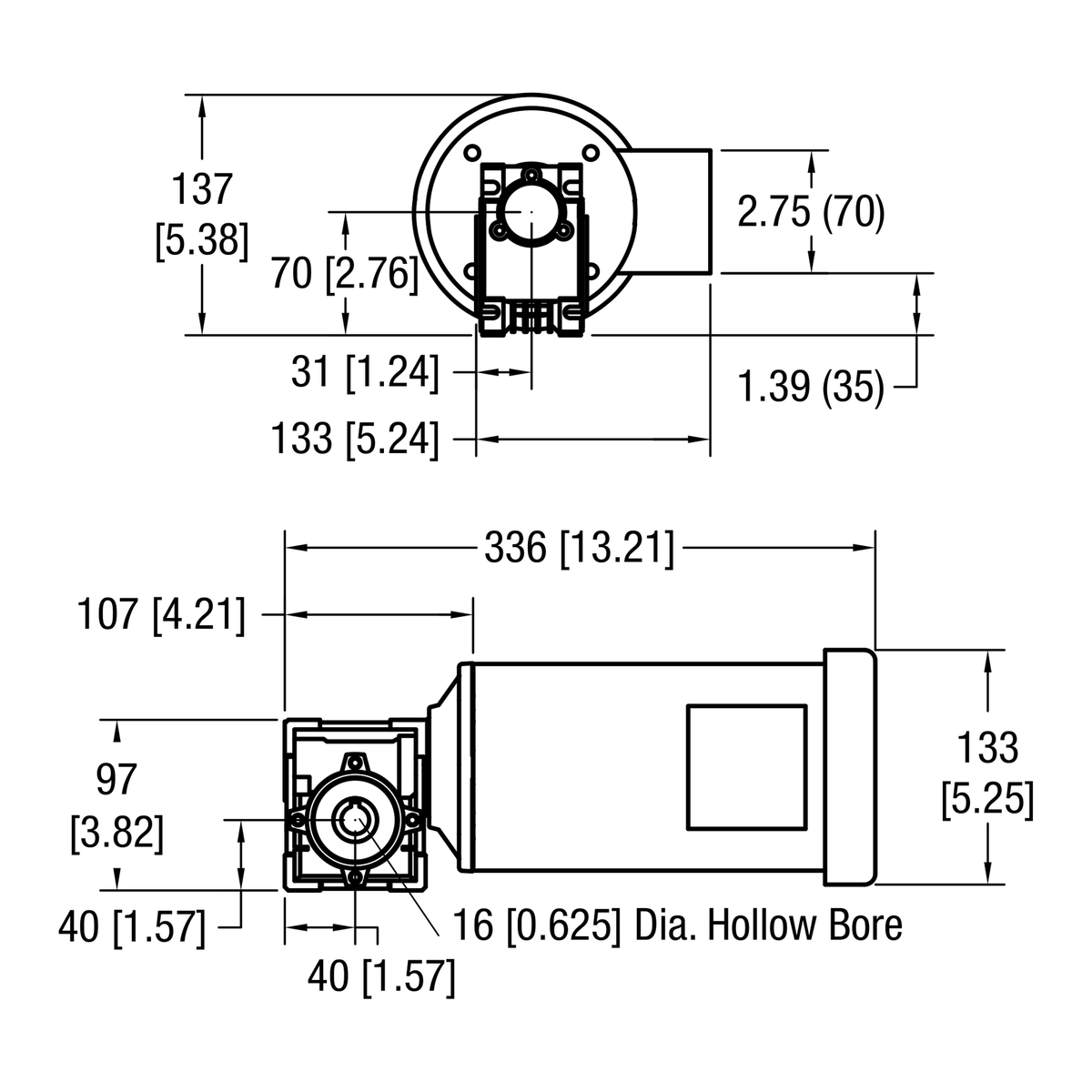 Dorner 90° NEMA C-Face gearmotor dimensional drawing