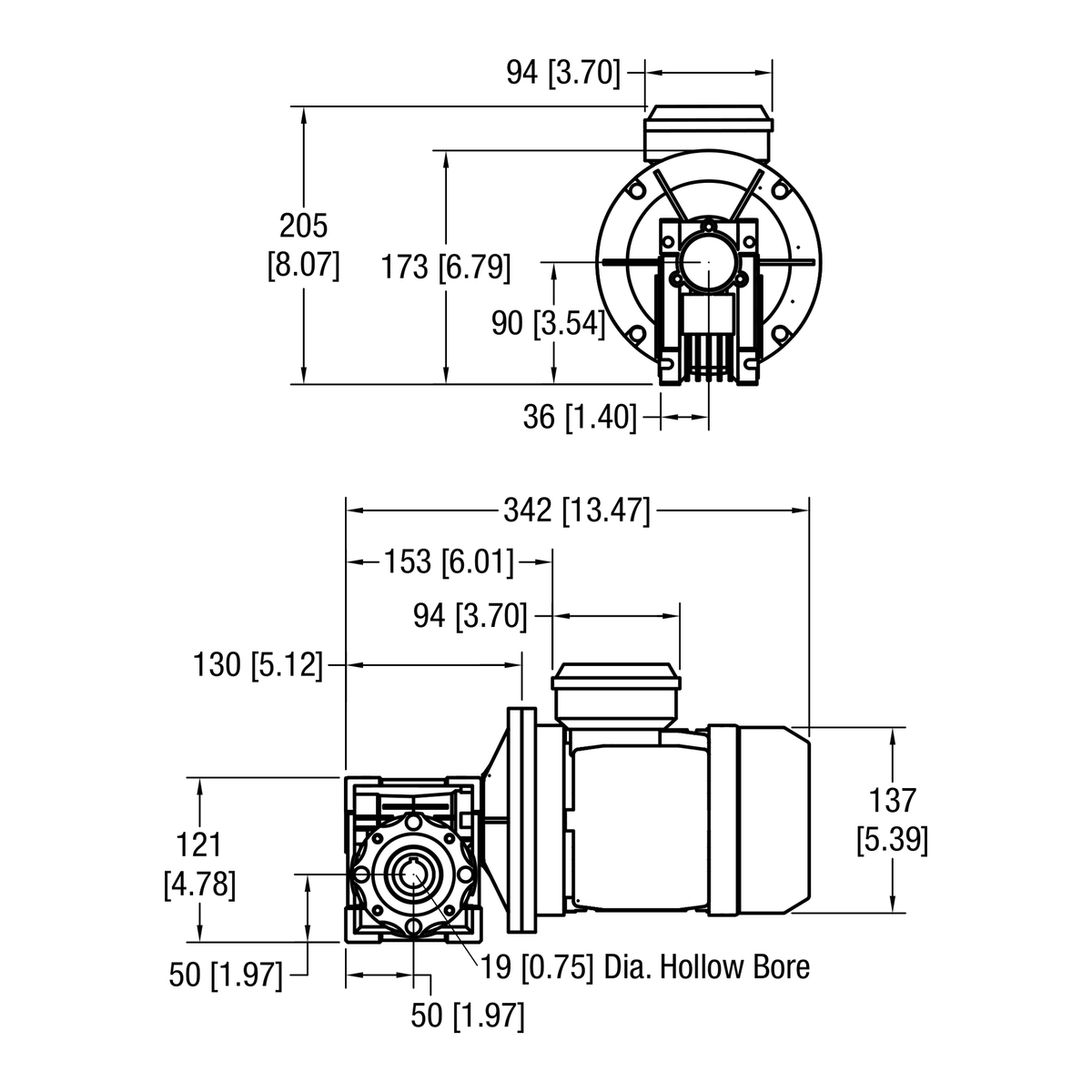 Dorner 90° eDrive NEMA C-Face VFD Rated gearmotor dimensional drawing