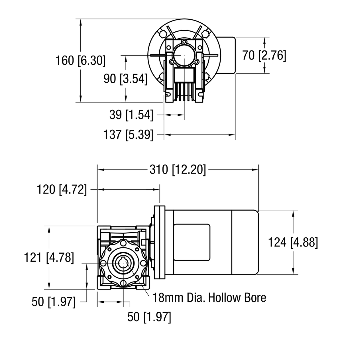 Dorner 90° eDrive IEC C-Face VFD Rated gearmotor dimensional drawing