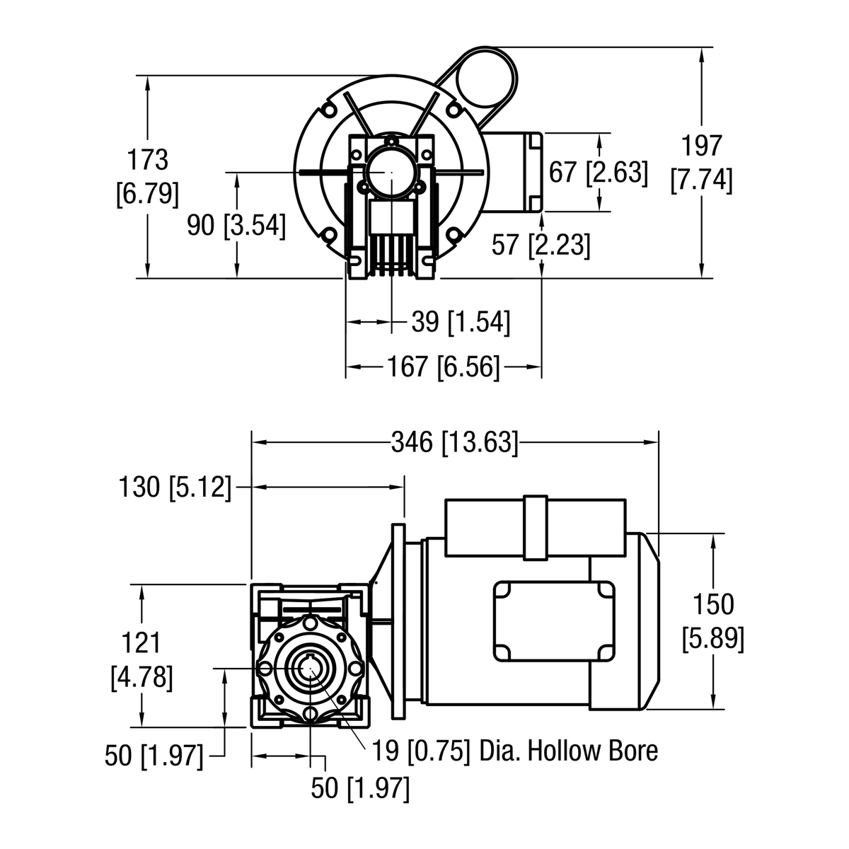 Dorner 90° eDrive NEMA C-Face gearmotor dimensional drawing