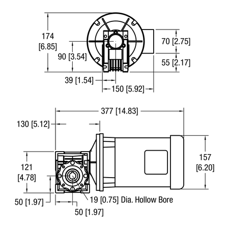Dorner 90° NEMA C-Face DC gearmotor dimensional drawing