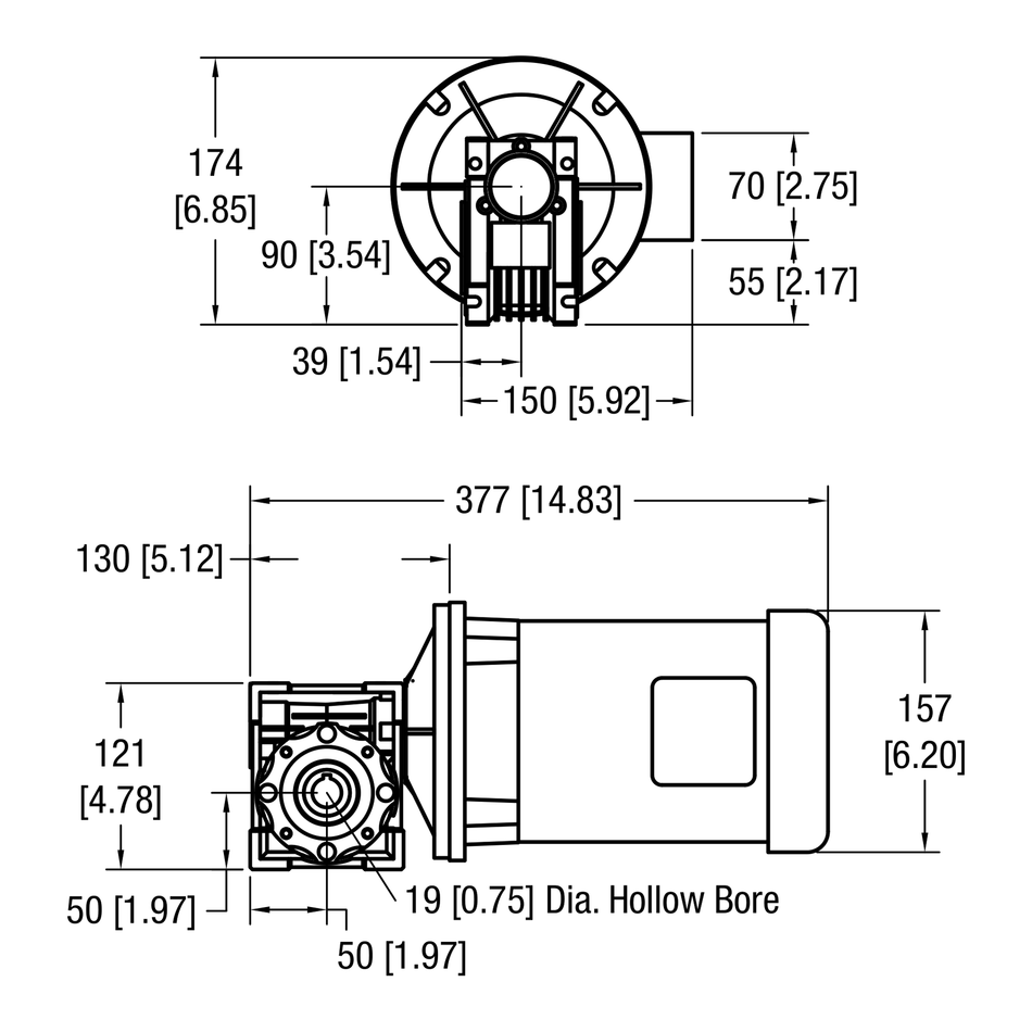 Dorner 90° NEMA C-Face DC gearmotor dimensional drawing