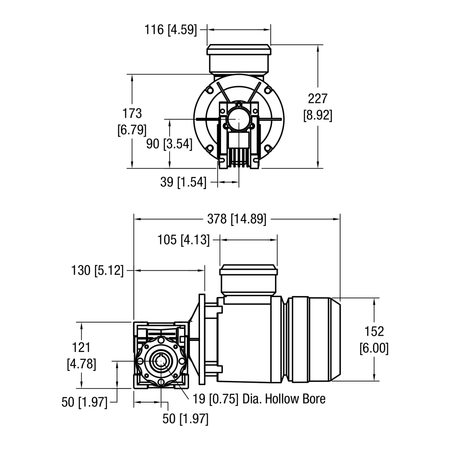 Dorner 90° eDrive NEMA C-Face VFD Rated gearmotor dimensional drawing