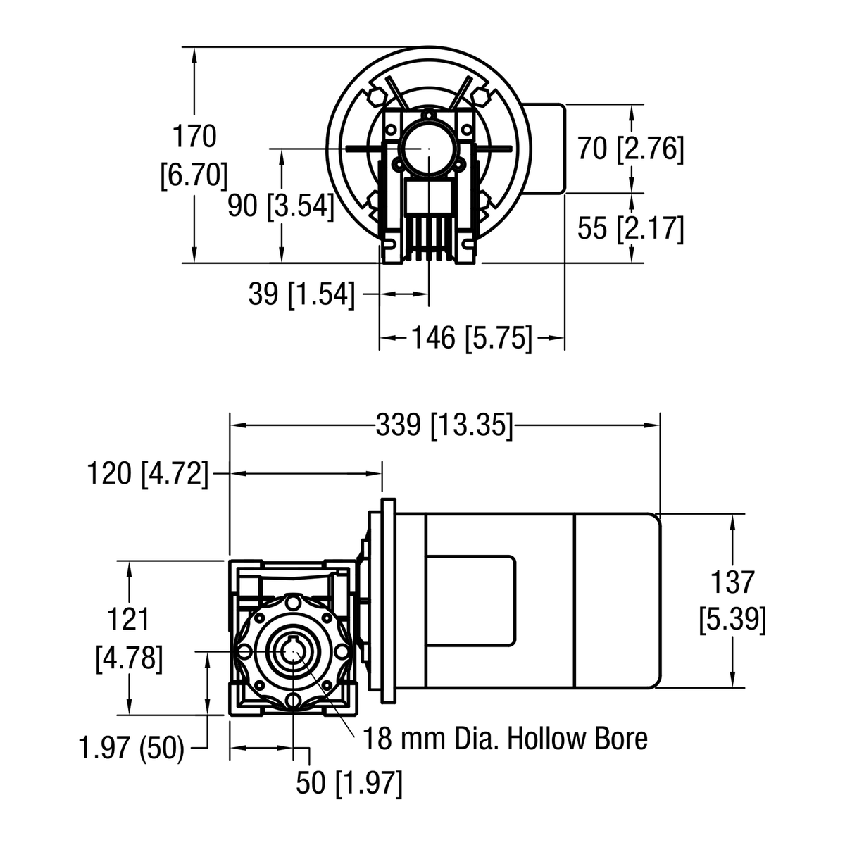 Dorner 90° eDrive IEC C-Face VFD Rated gearmotor dimensional drawing