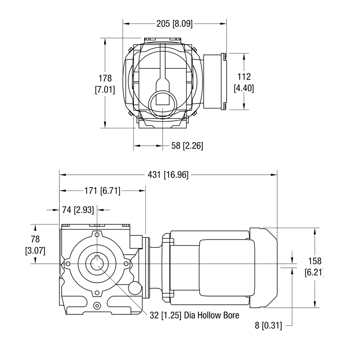 Dorner 90° SEW VFD Rated gearmotor dimensional drawing